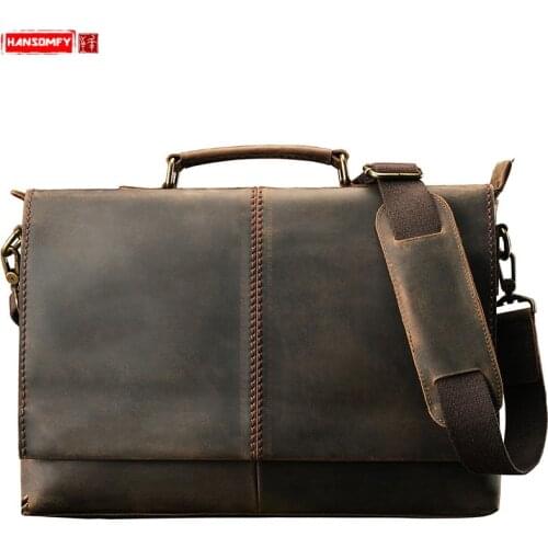 Handmade Leather Retro Mens Briefcase Handbag Genuine Leather Cross Section Shoulder Bag Casual Business Laptop Messenger Bags