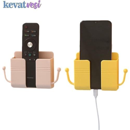 Wall Mounted Organizer with Hooks Multifunctional Remote Control Storage Box Mobile Phone Plug Holder Phone Charging Stand