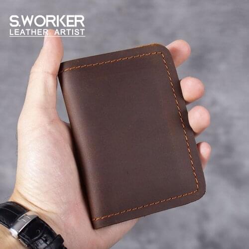 S.WORKER Vintage Genuine Leather Card Holder Cowhide Men Mini Card Case Pocket Purse Credit Card Holder Retro ConciseStyle Women