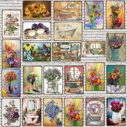 Garden Lavender Flower Metal Sign Plaque Retro Bathroom Cafe Club Bar Tin Sign Wall Art Pastoral Home Decor