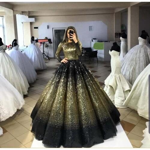 Bling Bling Gold- Black Puffy Sequined Prom Dresses with High Collar Full Sleeves Muslim Long Prom Party Gowns Luxury Abiye 2021