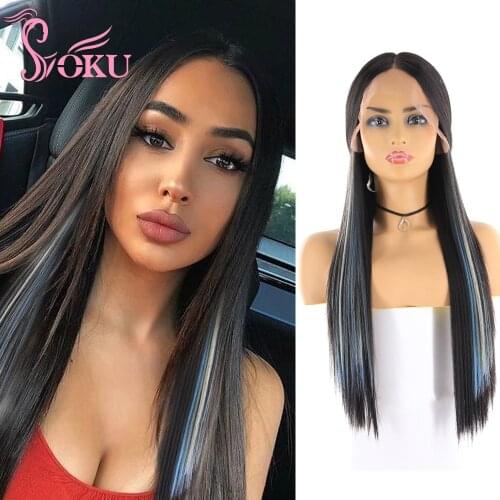 Soku Lace Front Synthetic Wigs Long Straight Wigs with Blue Purple Highlights 26 inch Long Hair Middle Part Lace Wig Cosplay