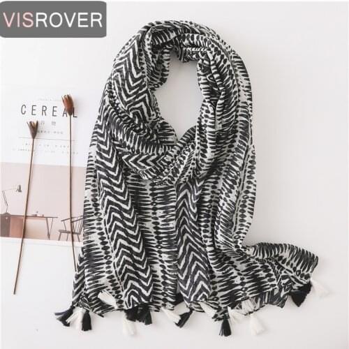 Visrover Tropical Beach Scarves Geometric Striped Big Shawl Black White Print Scarf Hijab Women Scarfs With Tassel Wholesales