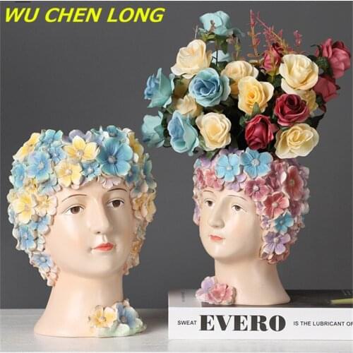 WU CHEN LONG Nordic Girl Head Portraits Vase Dry Flower Arrangement Floral Organ Resin Craft Art Sculpture Home Decoration R5780