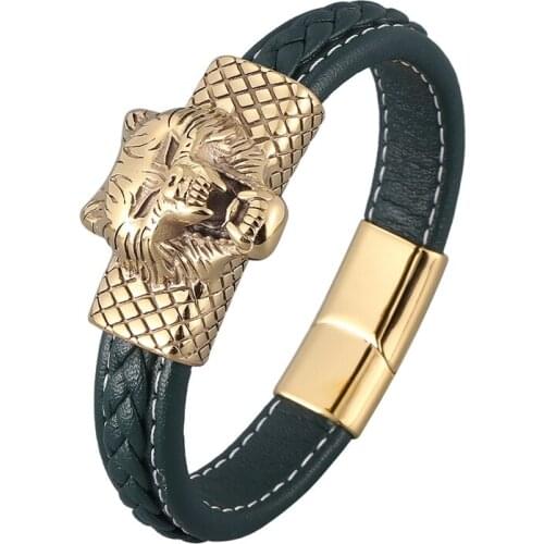 Green Leather Bracelets Men Charm Jewelry Stainless Steel Wolf Head Magnetic Clasp Punk Hip Hop Bangles Male Wristband PD0888