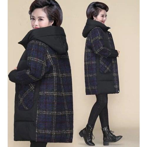 Middle-aged mother Plaid Stitching Cotton Hooded Jacket Winter Thicken Warm Loose Coat Plus size Long Parkas Snow Outwear Female