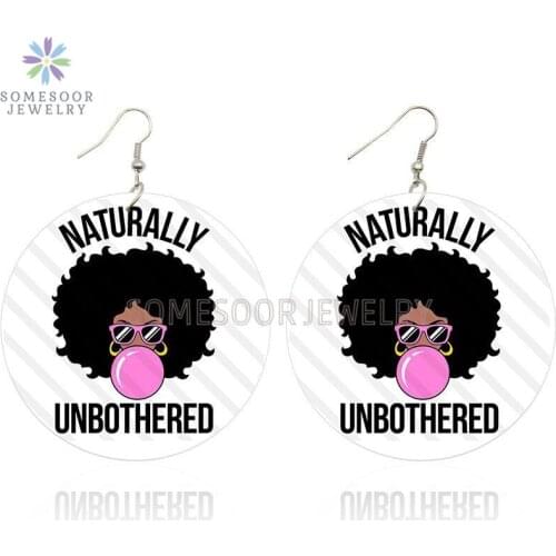 SOMESOOR Unbothered Naturally Bubble Gum Girl Wooden Drop Earring Black Queen Afro Arts Double Sides Printed For Women Gifts