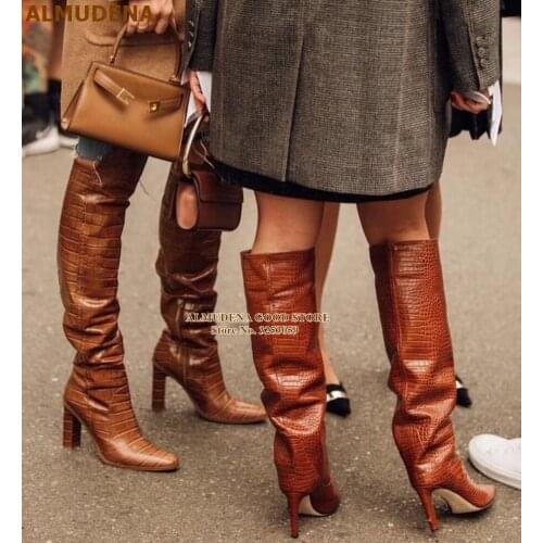 ALMUDENA Women Dark Brown Sankeskin Knee High Boots Chunky Heel Folded Loose Long Dress Boots Fall Winter Tall Boots Dropship