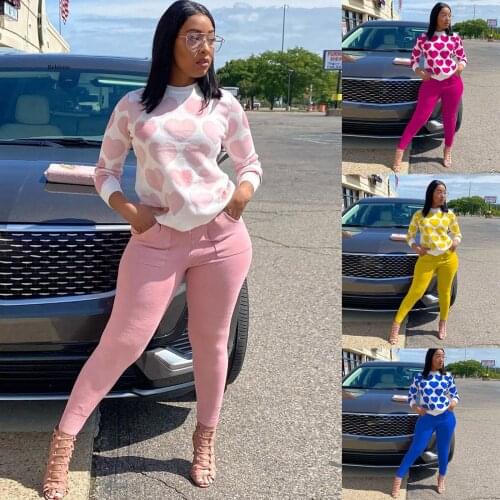 Fashion Womens 2 Piece Tracksuits Long Sleeve Heart Printed Valentines Day Sweater Pullover Tops+Solid Color Long Pant Sets