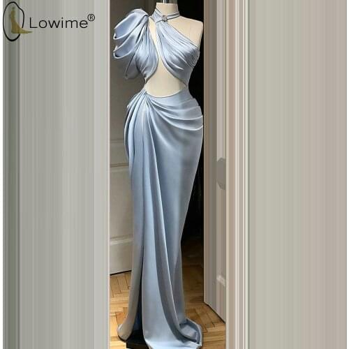 Light Blue Sexy Long Evening Dresses 2020 Mermaid Halter Cut Out Arabic Women Dubai Formal Evening Gowns