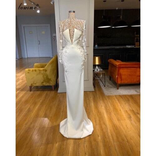 Newest Elegant Formal Evening Dresses 2020 Beading Flowers Women Party Dresses Long Sleeves Prom Dresses Grand Event Gowns Robes