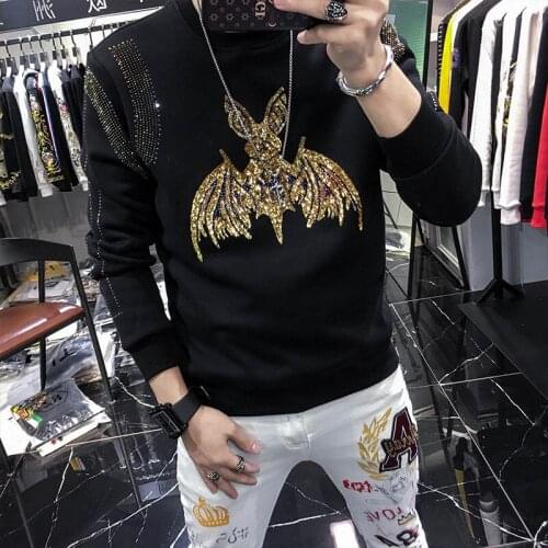 2021 Autumn Winter Mens High Quality Fashion Design Hot Drilling Casual Round Neck Slim Hoodie