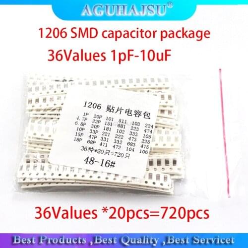 36Values 1pF-10uF Electronic Capacitor set 1206 SMD Ceramic Capacitor assortment kit 22PF 47PF 22NF 100NF 2.2UF 4.7UF Capacitors
