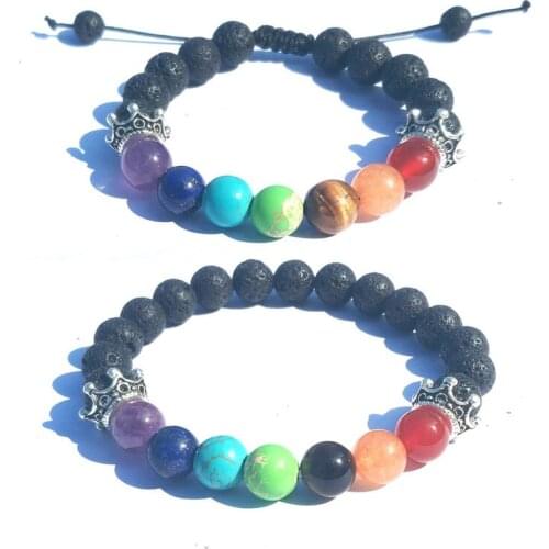 8mm Reiki 7 Chakras Braided Bracelet Queen Crown Black Lava Stone Beads Aromatherapy Essential Oil Diffuser Bracelet Jewelry