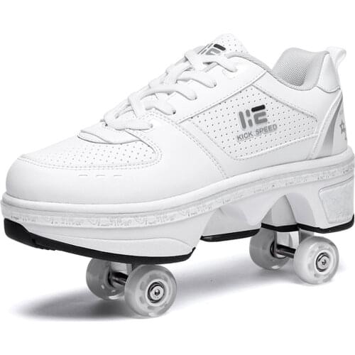 Size 33-42 Multifunctional Double-row Roller Skates Deformation Shoes Roller Skates White Low-top Sports Goods