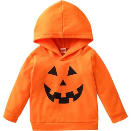 Children Halloween Hoodie Orange Pumpkin Face Printed Pattern Long Sleeve Hooded Pullover