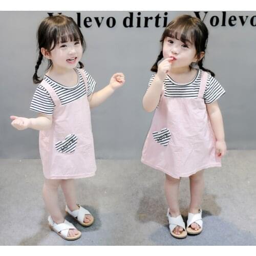 Childrens dress summer new girl dress baby fake two-piece short-sleeved strap princess dress