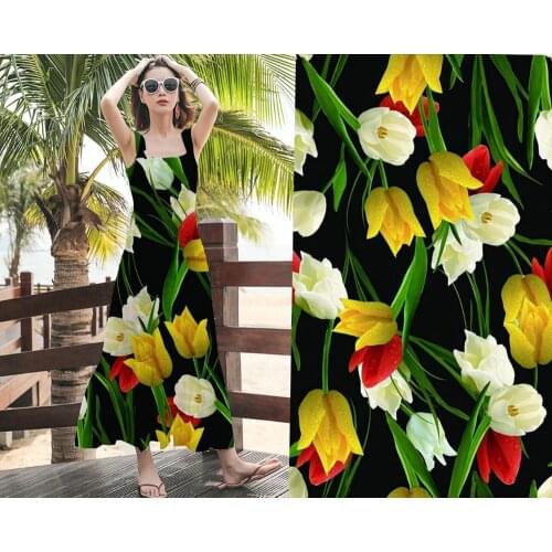 Women Super Poplin Woven Elastic 97% Silk Fabric For Sewing Clothes Shirt Plaid Tulips Flowers Print Material Fabric Telas