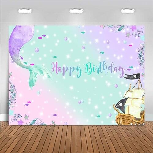 Mocsicka Happy Birthday Backdrop for Photography Photocall Mermaid Underwater Girl Birthday Background Decor Banner Wooden Boat