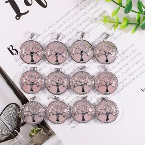 Fubaoying Natural Stone Pink Crystal Quartz Tree Of Life Necklace Pendant Charms For Jewelry Making