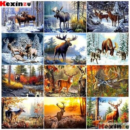 Kexinzu Diamond Painting Winter Elks Diamond Mosaic Rhinestone Diamond Embroidery 5D DIY Full Square Cross Stitch Home Decor BK