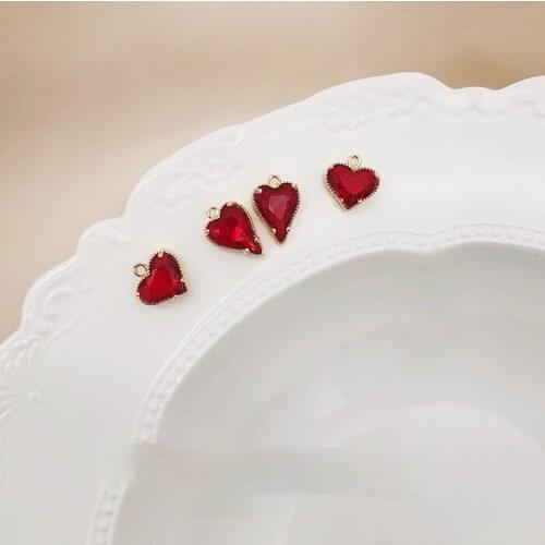 18K gold red zircon love pendant, homemade necklace material diy bracelet earrings couple jewelry accessories 2PCS