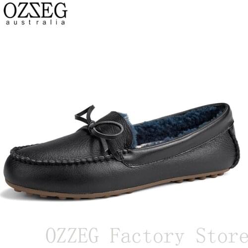 OZZEG Luxury Brand Designer Shoes Women Winter Real Leather Flats Australia Sheep Fur Loafers Ladies Shoe Female Footwear OZ0042