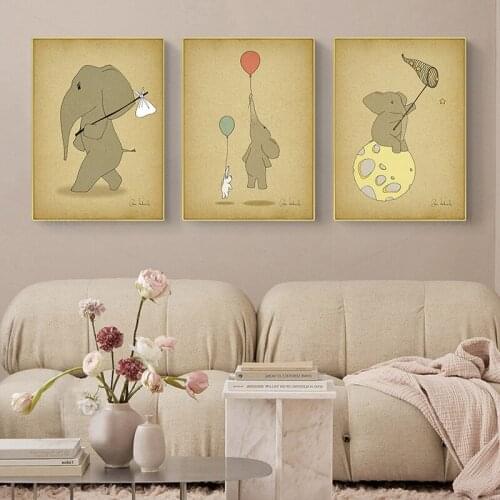 Little Elephant Posters and Prints Cartoon Canvas Painting Retro Nordic Nursery Wall Art Kids Poster Childrens Room Home Decor