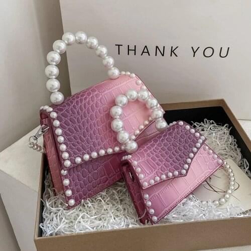 Gradient Crocodile pattern Mini Totes With Pearl Handle 2021 New PU Leather Womens Handbag Beautiful Shoulder Messenger Bag