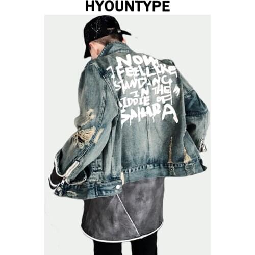 Letters Print Destroyed Hole Jean Jacket Coat Men Zipper Open Sleeve Distressed Denim Streetwear Autumn Hip Hop Outerwear Jacket