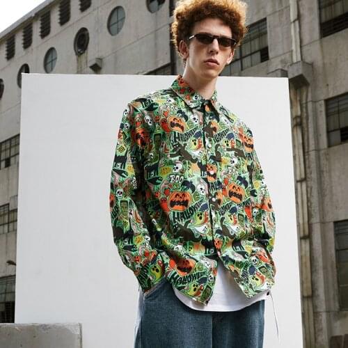 Firmranch Men/Women Fall Winter Spring NEW Loose Long Sleeve Shirt Halloween Graffiti Hip Hop BF Style Ins Hot Casual Shirt