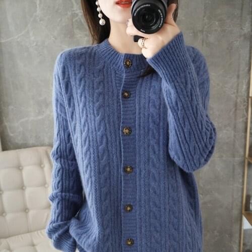 2021 Spring Autumn New Round Neck Cashmere Sweater Fashion Women Jacket Loose Twisted Cardigan Knitted Pure Wool Base Shirt Coat