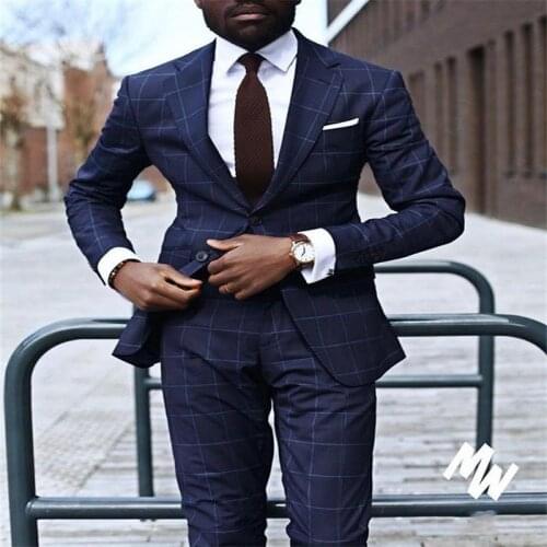 New Navy Blue Plaid 2 Piece Standar Suit Collar Beach Wedding Tuexdos Formal Prom Suit Party Blazer (Jacket+Pants) Custom Made