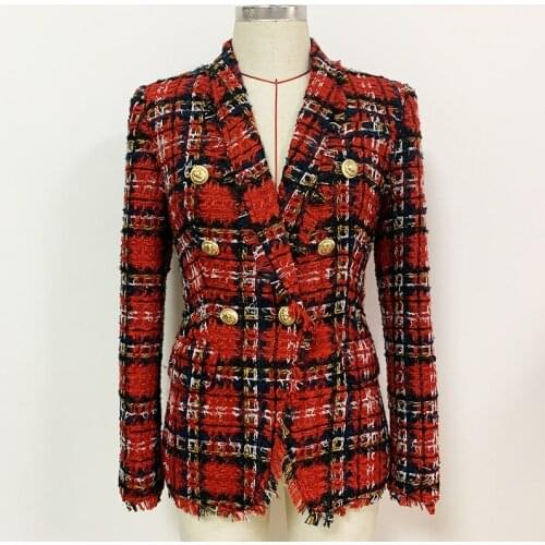 High Quality 2020 Autumn Winter New Coat Metal Lion Head Buckle Double-Breasted Plaid Tweed Tassles Fashion Vintage Clothes