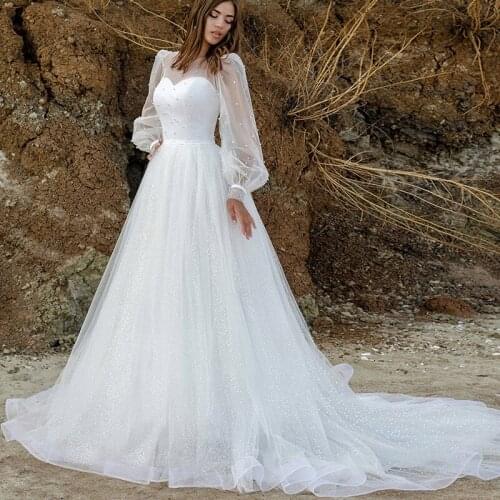 Luxury Scoop Neck Beading Pearls A-Line Wedding Dress Gorgeous Long Sleeve Sparkly Tulle Vintage Bridal Gown 2021