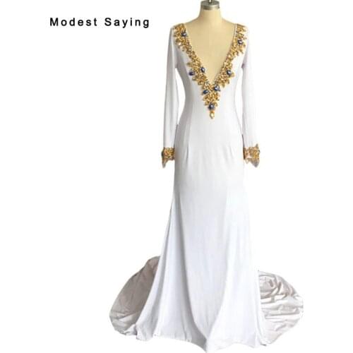 Real Gold Blue Luxury Dubai Mermaid Deep V Neck Pearls Long Sleeve Stretch Backless Evening Dresses 2017 Arabic Party Prom Gowns