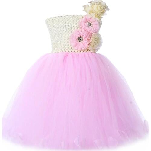Cream Pink Princess Flower Girl Tutu Dress Mid-Calf Rose Petals Kids Tutu Dresses for Girls Birthday Party Wedding Dress 1-14Y