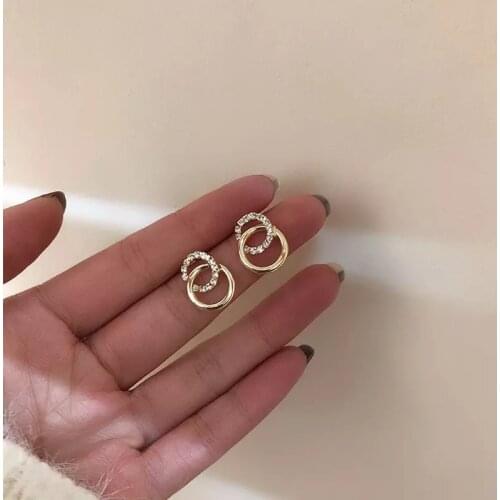 2020 Korean Simple Double Circle Gold Color Metal Rhinestone Hoop Earrings For Women Fashion Small Pendientes Jewelry Gifts