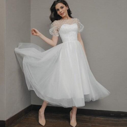 Chic Vintage Boho Wedding Dress Short Sleeve Vestido de Noiva Curto Dots Tulle Beach Wedding Gowns 2021 Bohemian Bridal Dresses