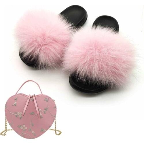 Women Summer Fox Fur Slides Embroideried Zipper Heart-shaped Shoulder Bags Girls Lovely Flowers Purse Fox Hair Furry Slippers