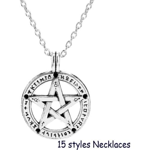 Supernatural Devils Trap Pentagram Pentacle Necklace Castiel Wings Angel Wicca Pendant Necklaces Women Men TV Show Jewelry Gift
