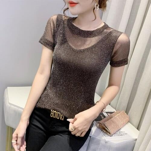 Slim T-Shirt Net Yarn Splicing Knitwear Bright Silk Sexy Show Thin Summer Joker Small Unlined Upper Female Garment Short Sleeve