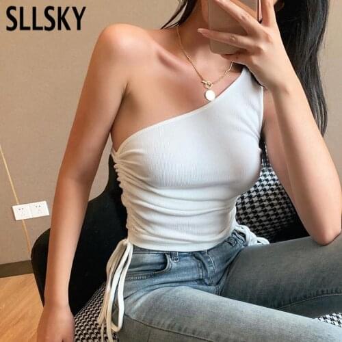 SLLSKY One-Shoulder Sleeveless White Crop Tops For Women Sexy Backless Tank Top Streetwear Female Ruched Fold Drawstring Tops