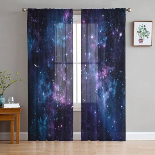 Blue Starry Sky Purple Milky Way Tulle Sheer Window Curtains for Living Room Kitchen Children Bedroom Voile Hanging Curtain