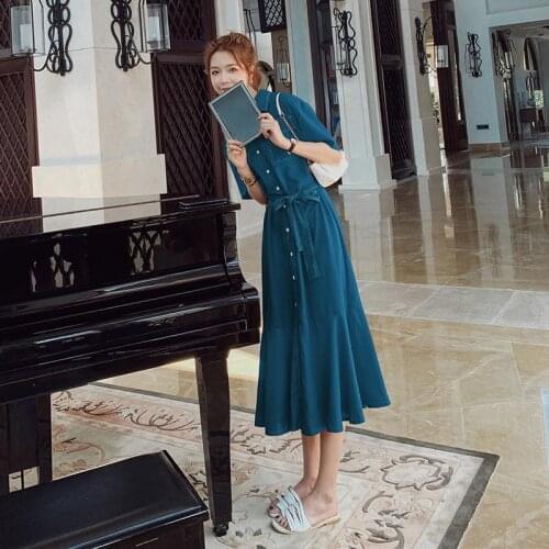 Womens Shirt Elegant Vintage Retro Chiffon Maxi Holiday Blue Green Office Dress Plus Size Summer Casual Clothes Ladies Dresses