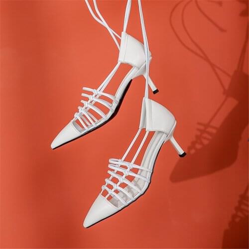 MILI-MIYA New Design Women Sandals Genuine Leather Pointed Toe Cover Heels Lace-Up Thin Heels Solid Colors Dress Party Shoes