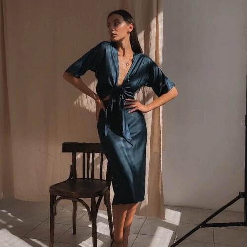 Fashion Satin Dress Suit Sexy Two Ways To Wear Tops And Sheath Elegant Mid-calf Dress Two Pieces Set Vintage Dress Ladies Autumn