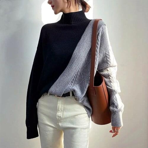 Women Knit Turtleneck Sweaters Color Block Patchwork Long Sleeve Pullover Autumn Winter Spliced Soft Sweaters Tops SY230