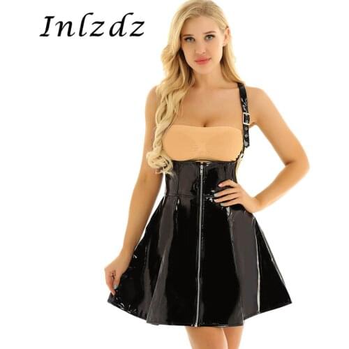 Womens Sexy Lingerie Corset Latex Dress Wetlook Patent Leather Dress Front Zippered X-back Vintage Party Catsuit Corset Dress