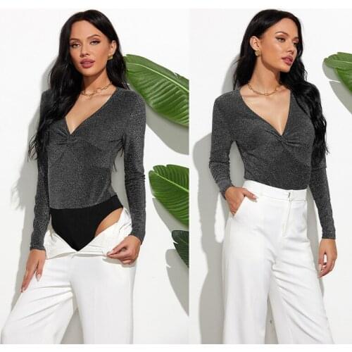 Womens Sexy Deep V Neck Bodysuit Ladies Long Sleeve Bodysuit Leotard One Piece Underwear Plain Stretch Top Jumpsuit